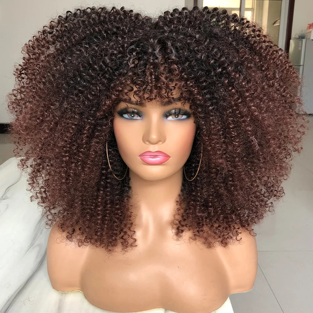 Curly Afro Wigs for Black Women Long Curly Wigs with Bangs Synthetic Fiber Glueless Full and Fluffy Long Kinky Curly Hair