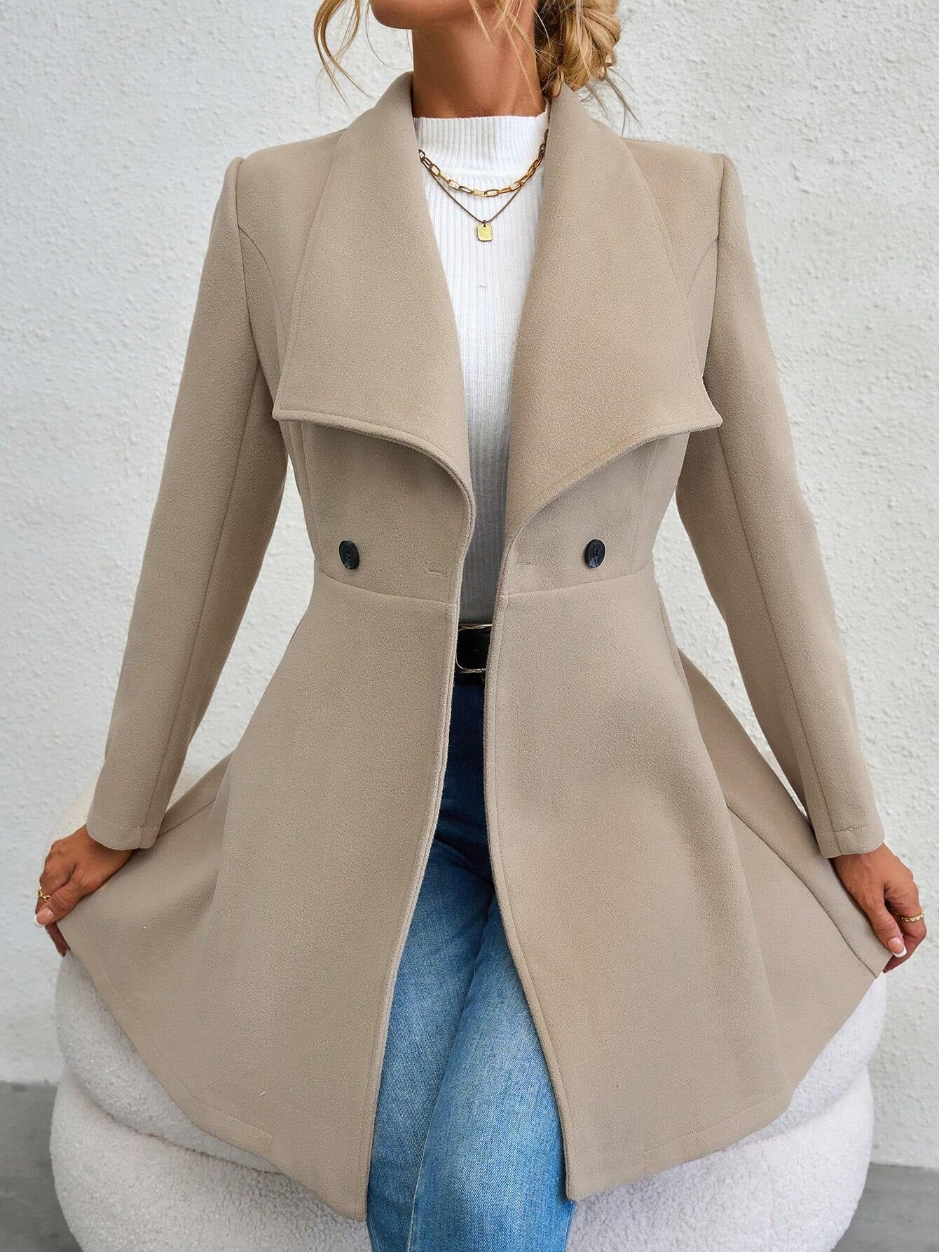 Manteau Long à Col Cascading et Double Boutonnage Raffiné