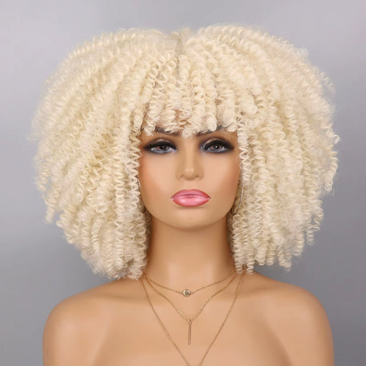 Tereshar Synthetic Short Kinky Curly with Bangs for Daily Party Halloween Blonde Afro Curly Wig Synthetic Wigs for Black Women