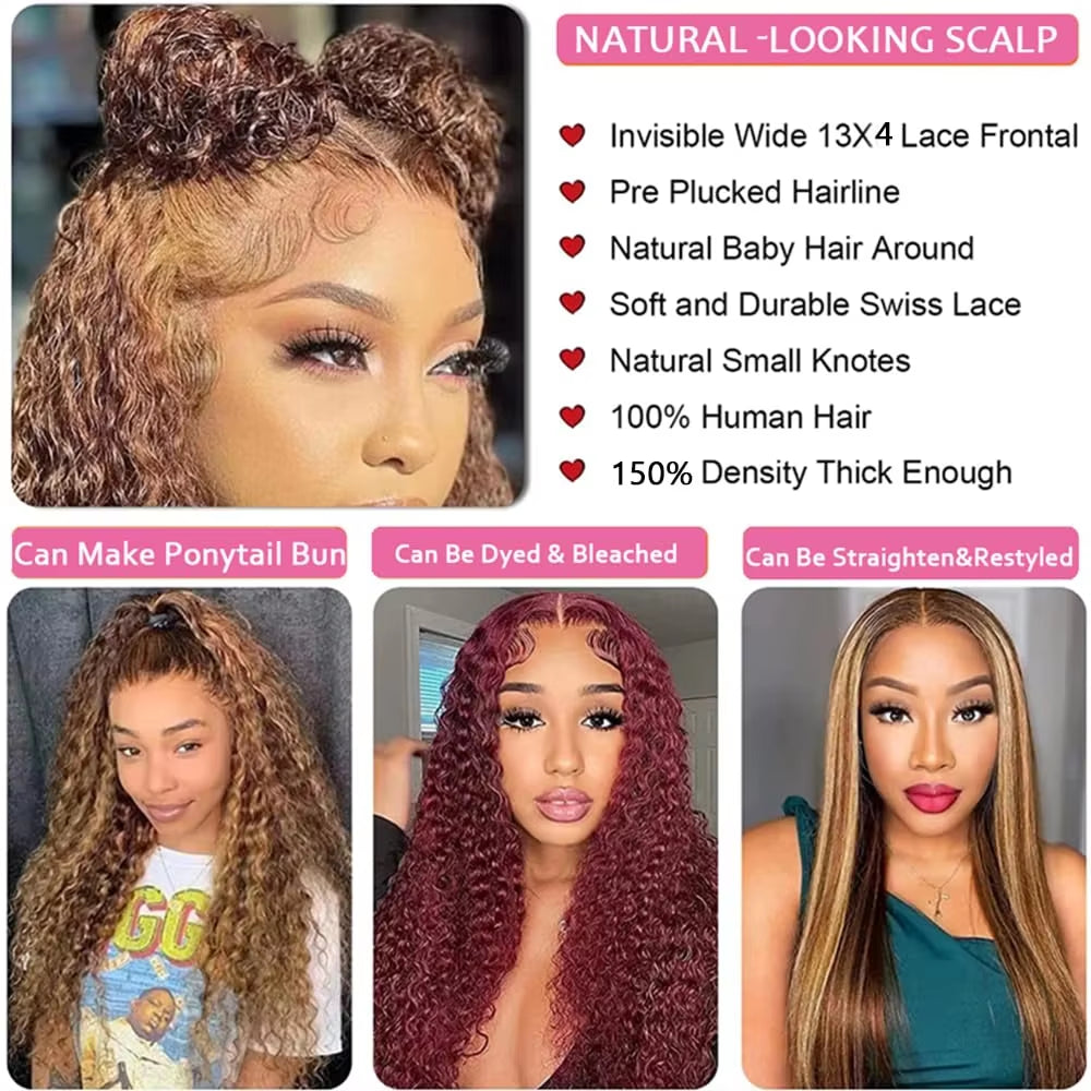 Highlight Honey Blonde Kinky Curly Wave Lace Front Wig Pre-Plucked 180% 13X6 Deep Wave Lace Frontal Wigs Wigs Human Hair Wigs