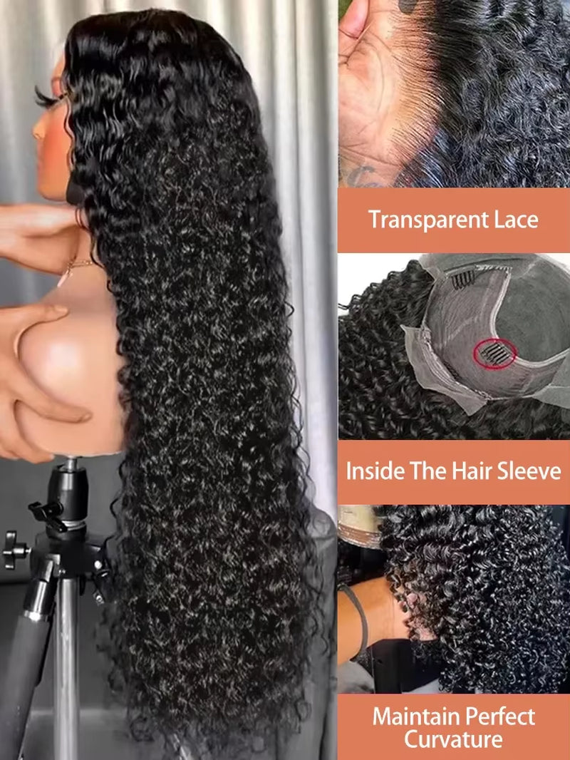 13X6 Natural Black Deep Wave Transparent Lace Frontal Human Hair Wig 200 Density 30 40 Inch 13X4 Curly Lace Front Wigs for Women