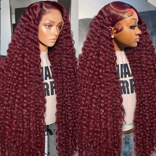 99J Burgundy Curly 13X6 HD Lace Frontal Human Hair Brazilian Remy Red Color Deep Wave Transparent 13X4 Lace Wig for Black Women