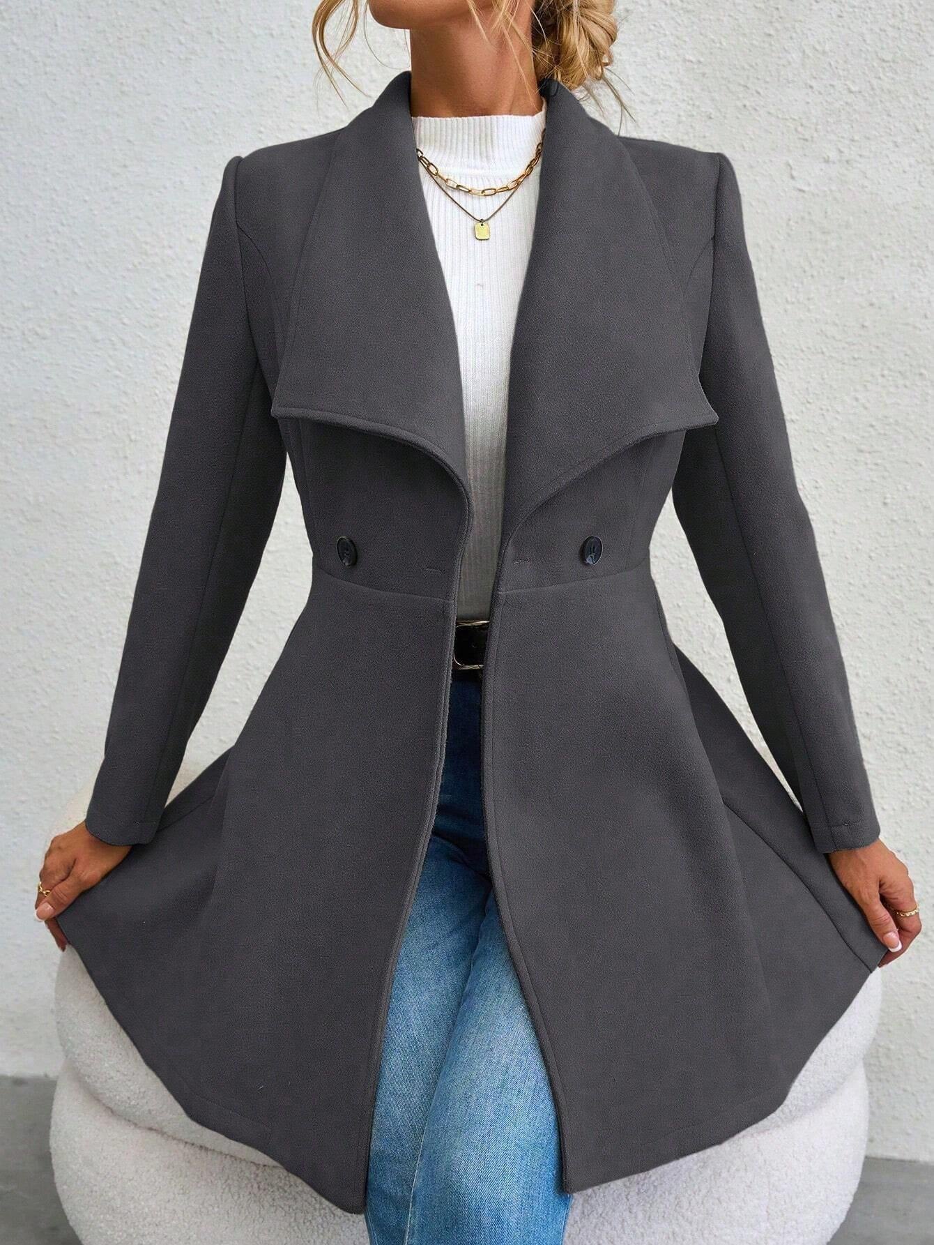 Manteau Long à Col Cascading et Double Boutonnage Raffiné