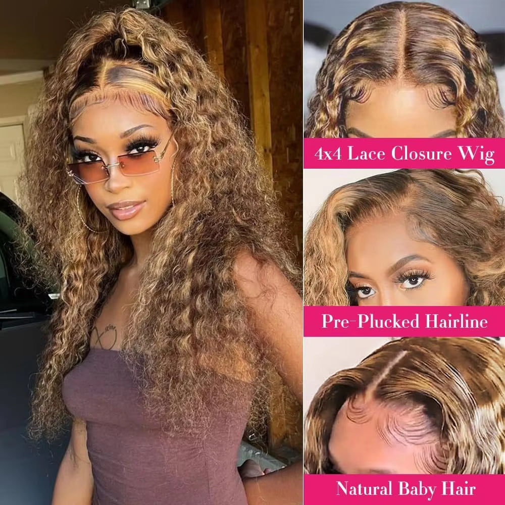 Highlight Honey Blonde Kinky Curly Wave Lace Front Wig Pre-Plucked 180% 13X6 Deep Wave Lace Frontal Wigs Wigs Human Hair Wigs